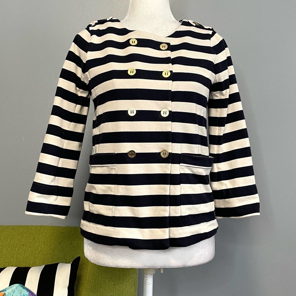 J Crew Merriweather Blue White Striped Knit Jacket XS